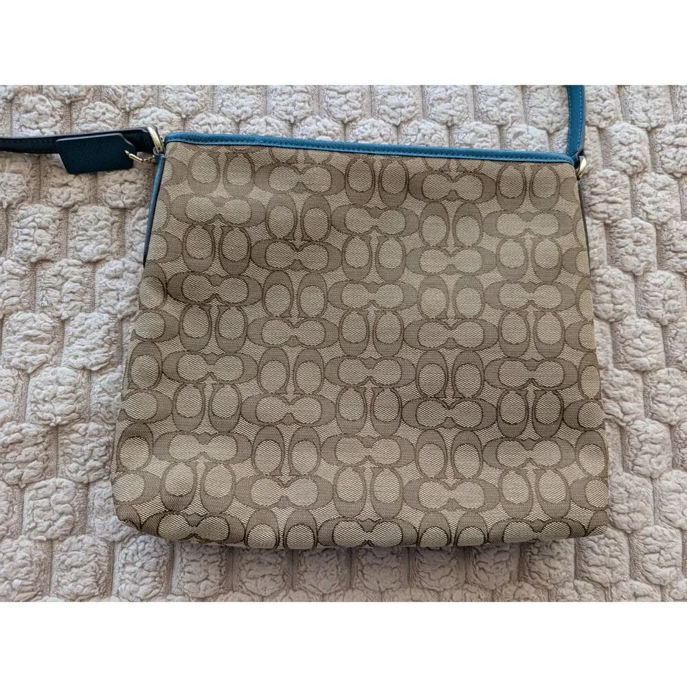 Coach File Crossbody Bag Signature Canvas Purse Brown Teal Adjustable Strap - Picture 5 of 10